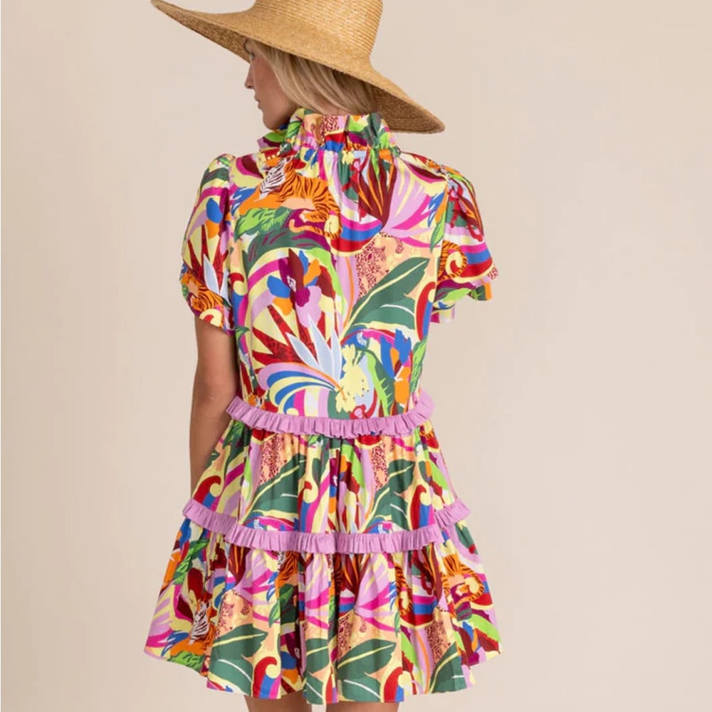 Alden Adair Rainforest Pink and Green Puff Sleeve Mini Sundress, size S